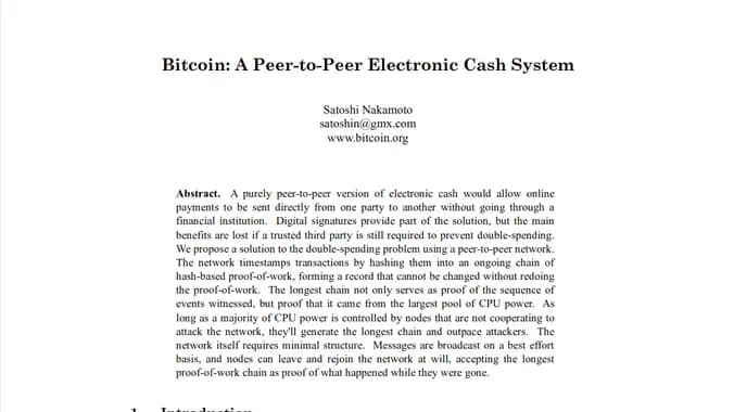 Bitcoin: A Peer-to-Peer Electronic Cash System, 2008