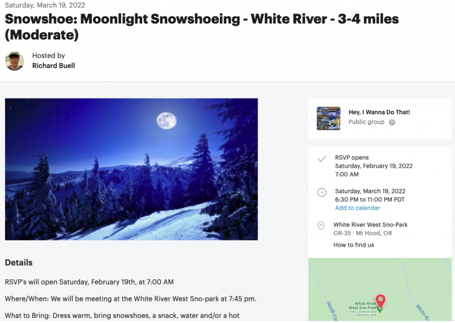 Meetup event page for "Snowshow: Moonlight Snowshoeing - White River - 3-4 miles (Moderate)" featuring an image of the moon in a snowy landscape.